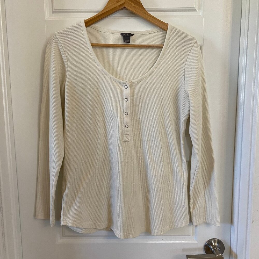 Women's Eddie Bauer long-sleeved Henley T-shirt in M, cream color